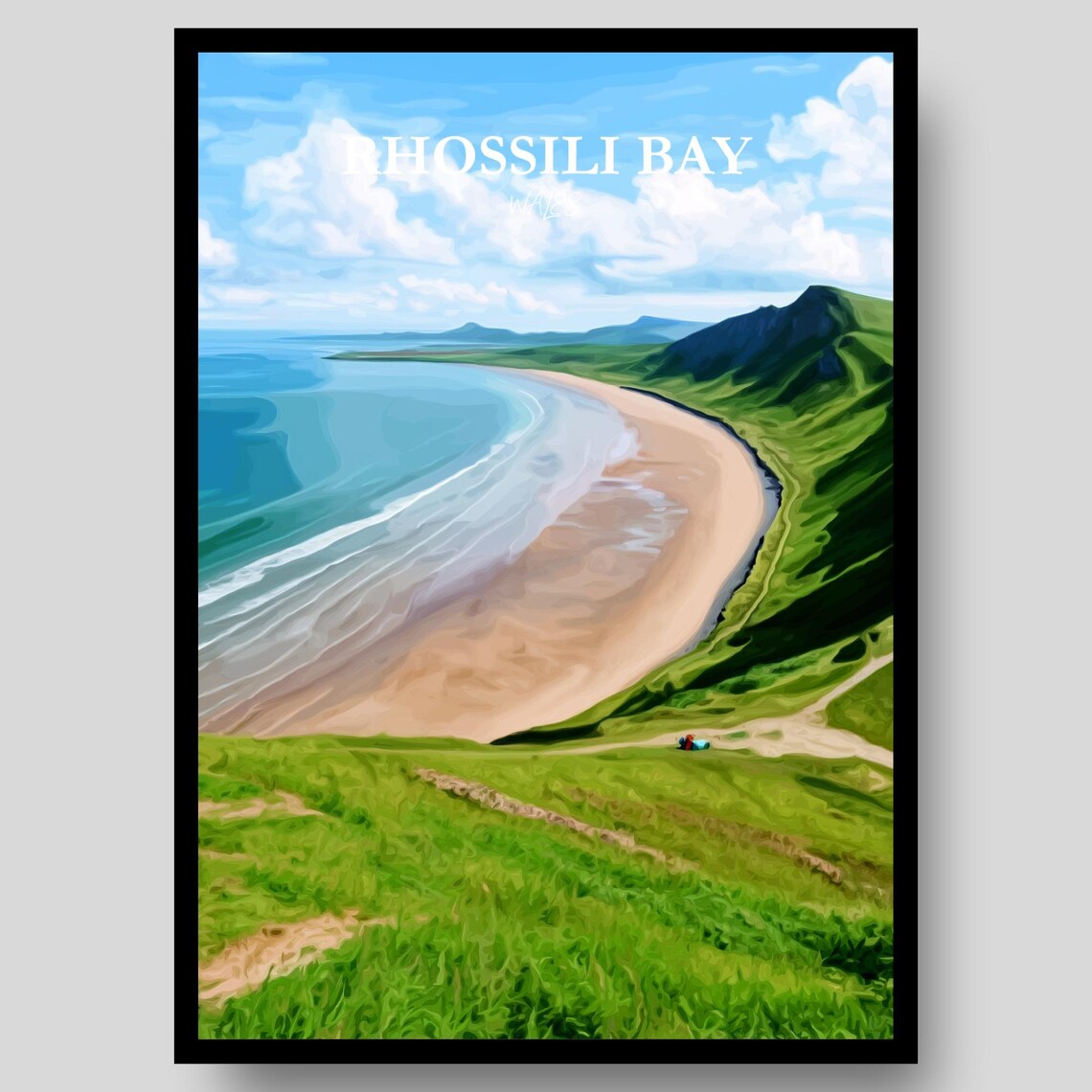 Rhossili Bay Wales Golden Beach Waves Coastal Panorama Travel Poster