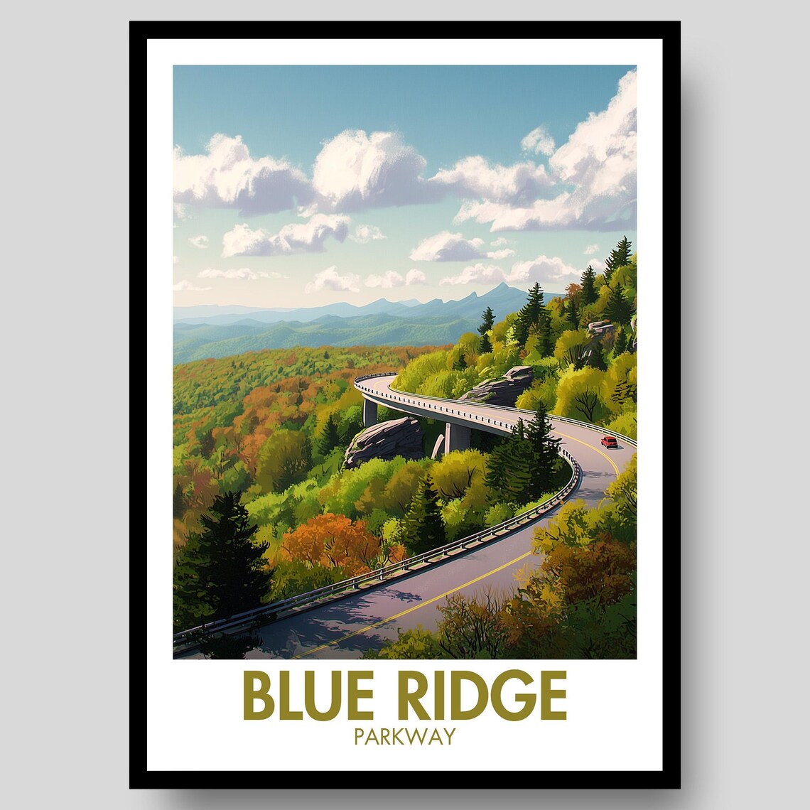 Blue Ridge Parkway Autumn Drive Scenic Overlook Road Travel Poster