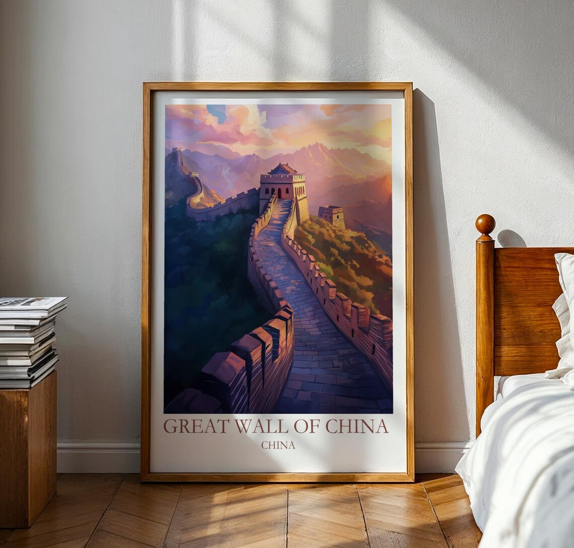 Great Wall Of China Iconic Sunset Mountains Vintage Travel Poster