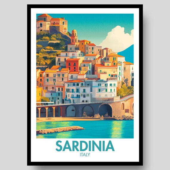 Sardinia Italy Hillside Town Stone Viaduct Turquoise Sea Poster