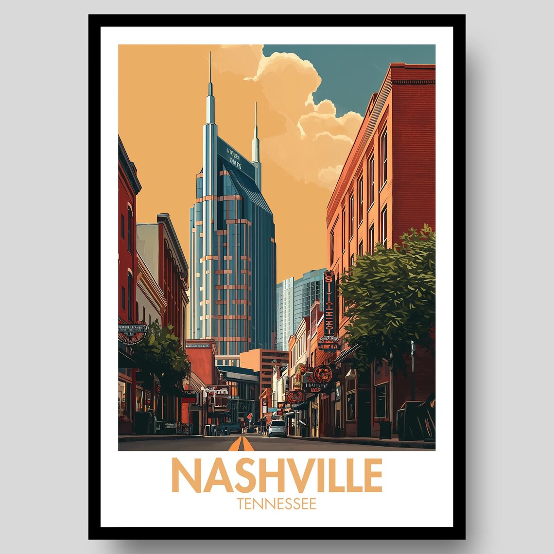 Nashville Tennessee Downtown Batman Tower Sunset Travel Poster