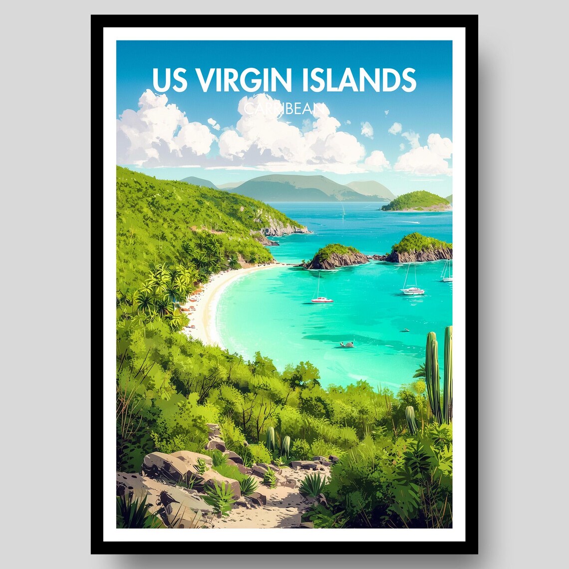 US Virgin Islands White Sand Beach Turquoise Bay Illustrated Travel Poster