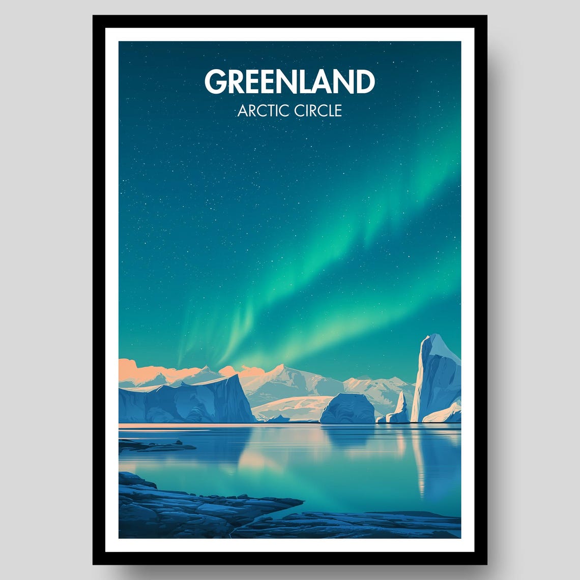 Greenland Arctic Circle Northern Lights Starry Sky Iceberg Poster Art
