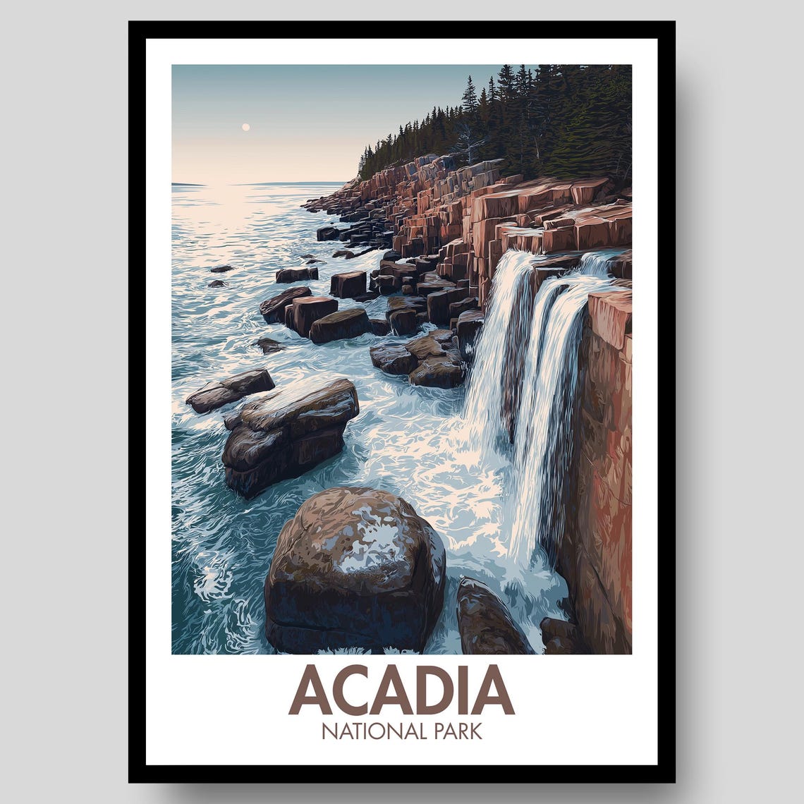 Acadia National Park Rocky Coast Waterfall Cliffs Ocean Travel Poster