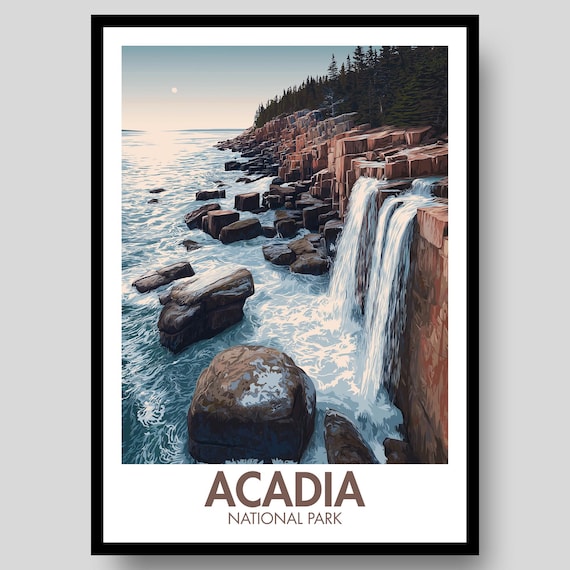 Acadia National Park Rocky Coast Waterfall Cliffs Ocean Travel Poster