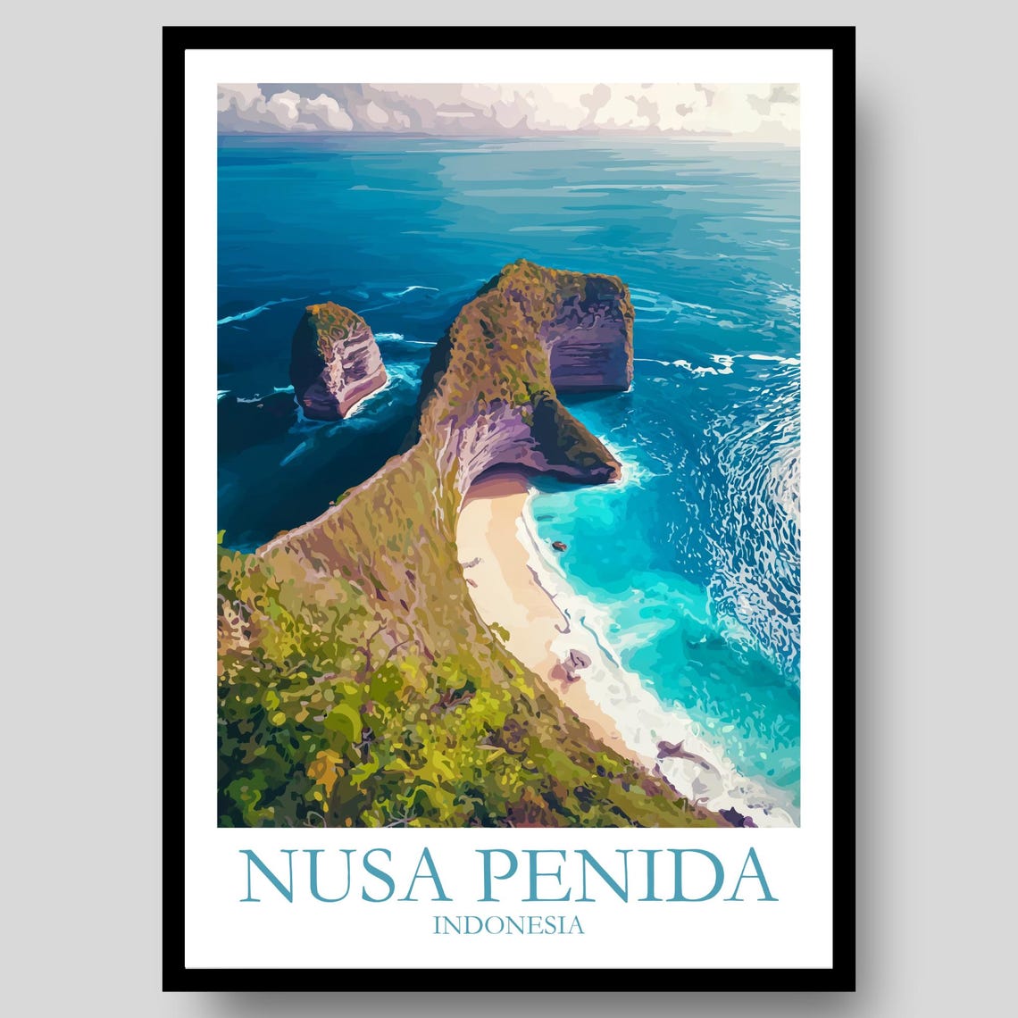 Nusa Penida Indonesia Aerial Cliff Beach White Sand Travel Poster