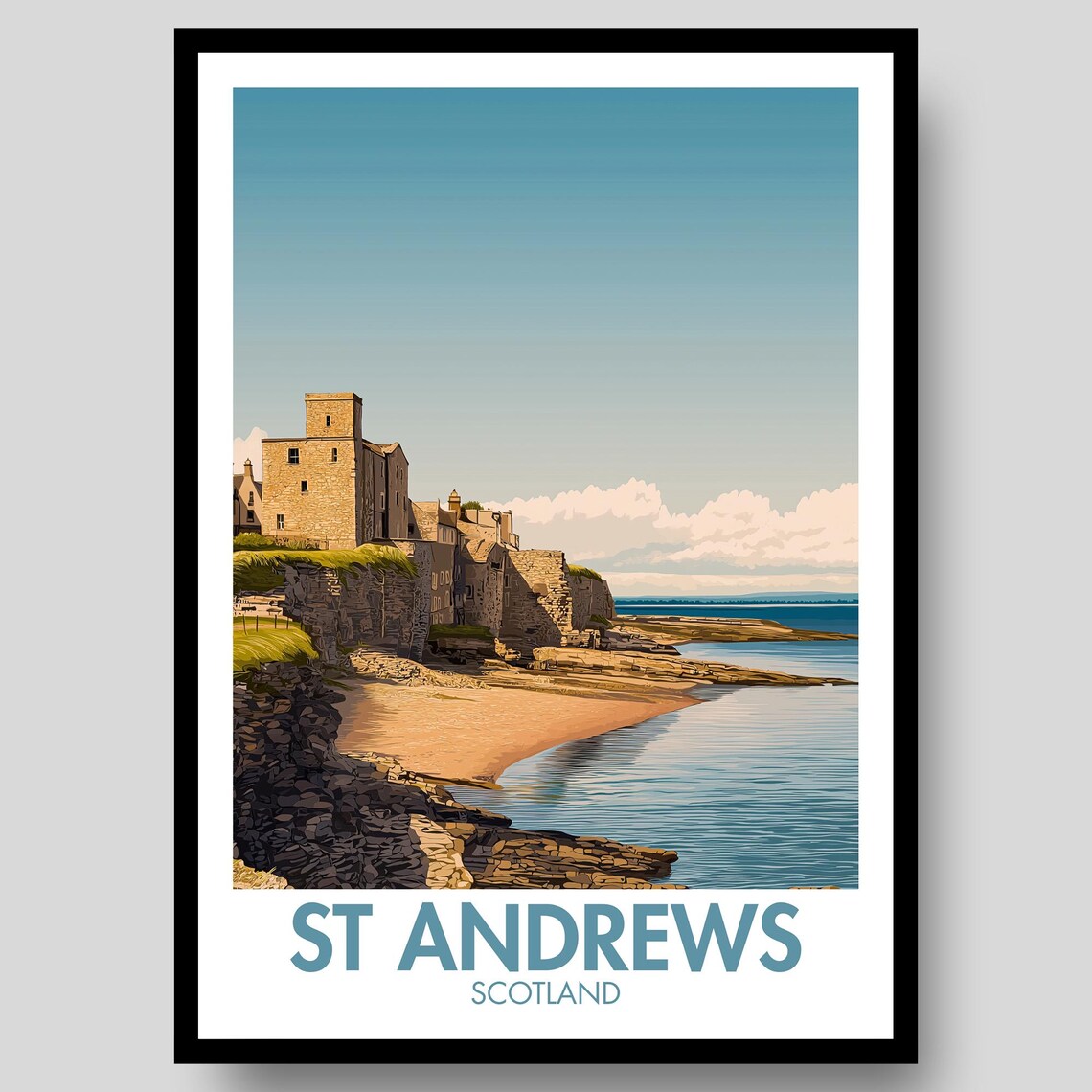 St Andrews Scotland Castle Cliffs Retro Coastal Travel Poster