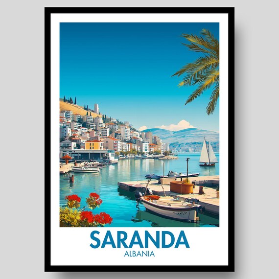 Saranda Albania Sunny Coastal Town Harbor Sailing Travel Poster