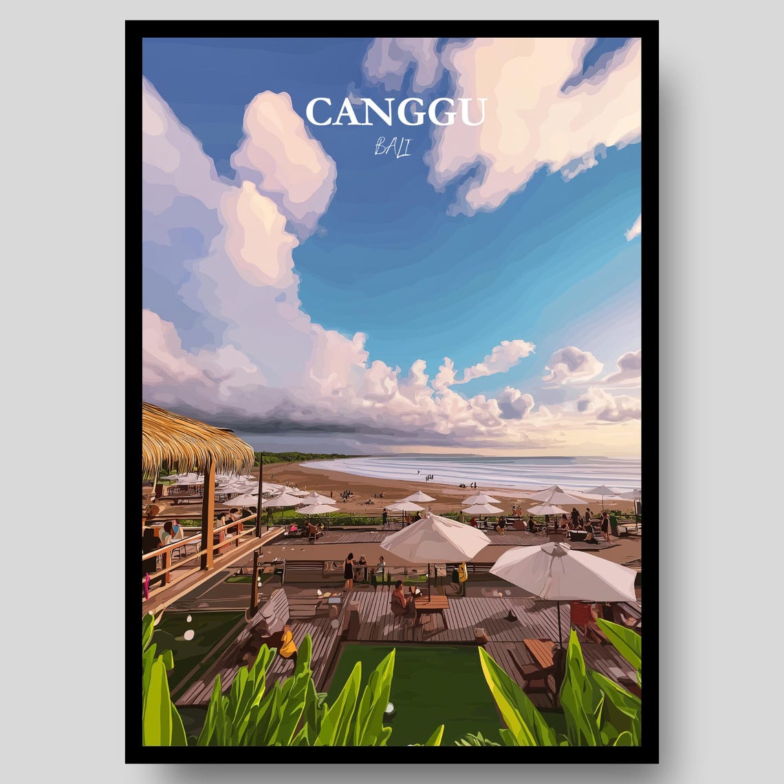 Canggu Bali Oceanfront Deck Umbrellas Coastal Travel Art Poster