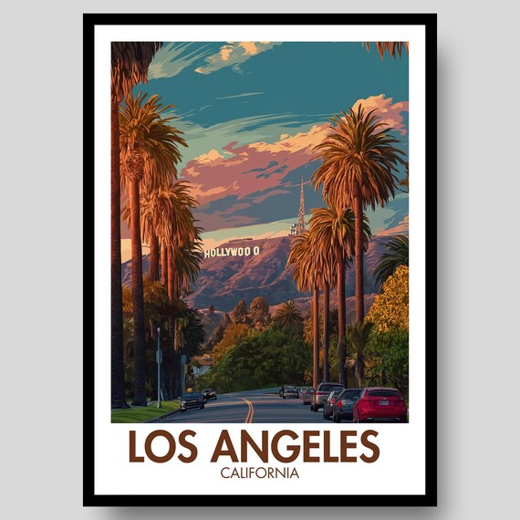 Los Angeles California Hollywood Sign Palm Street Sunset Poster
