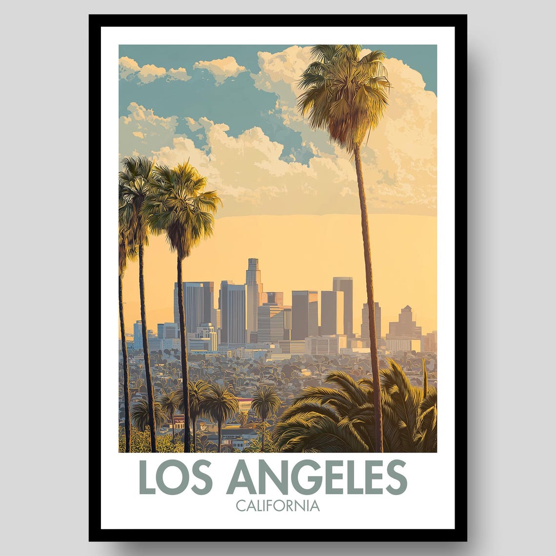 Los Angeles California Downtown Skyline Palm Trees Sunset Poster