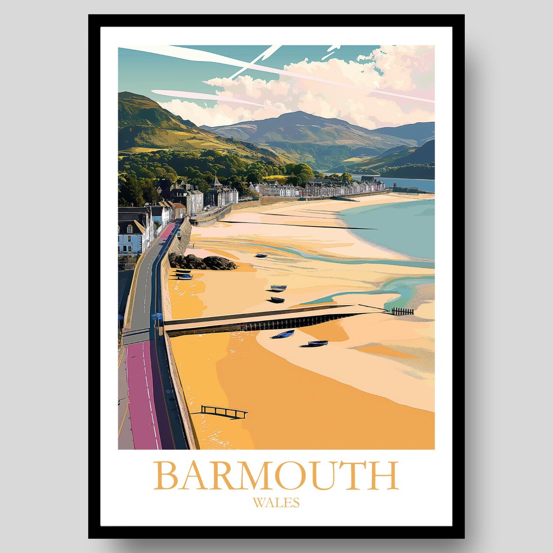 Barmouth Wales Sandy Estuary Beach Mountain View Seaside Art Poster