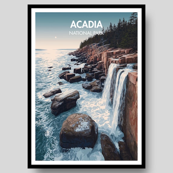 Acadia National Park Coastal Cliffs Sea Waterfall Dawn Scene Poster
