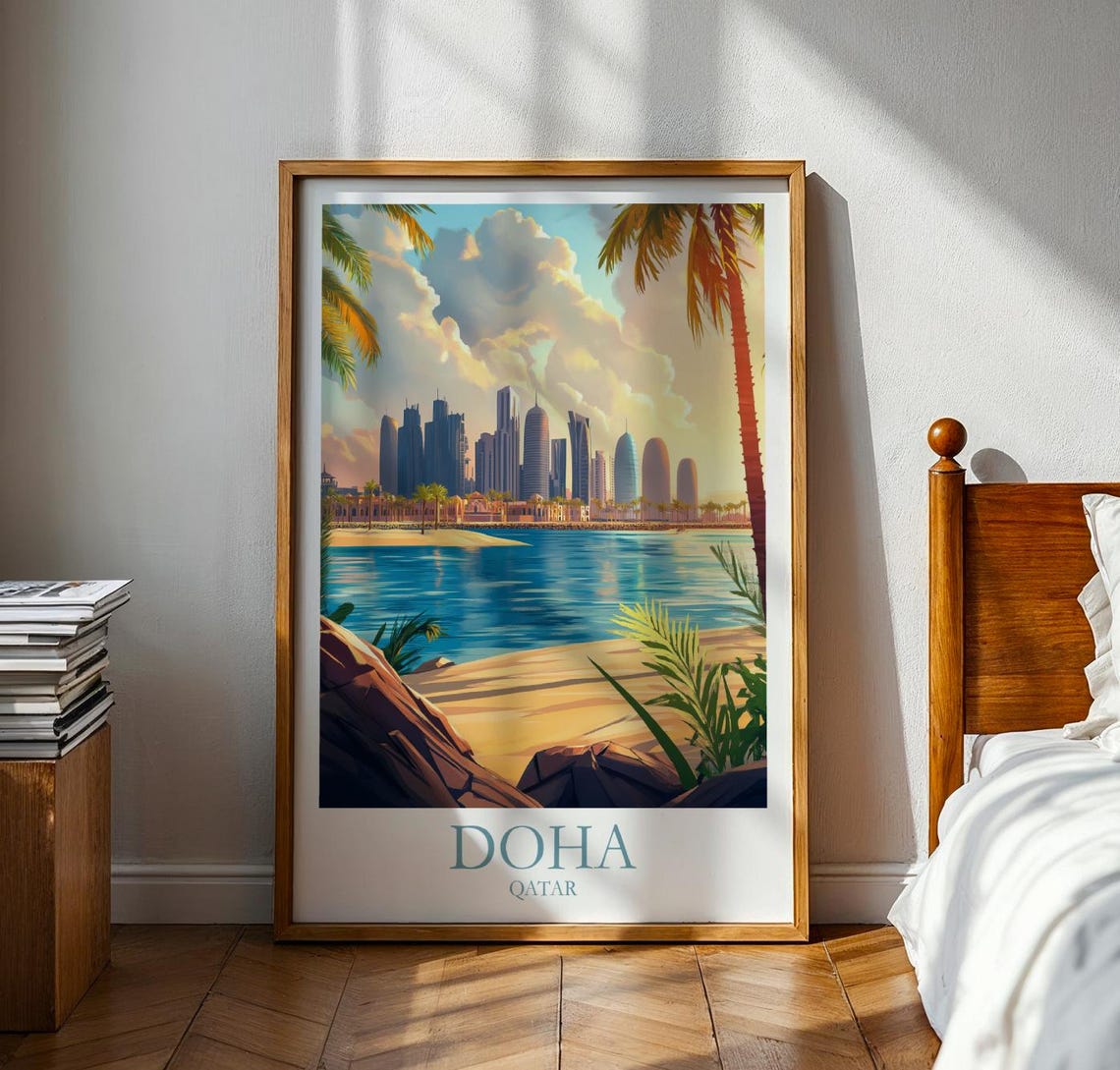 Doha Qatar Skyline Across Bay Palm Trees Sunset Travel Poster