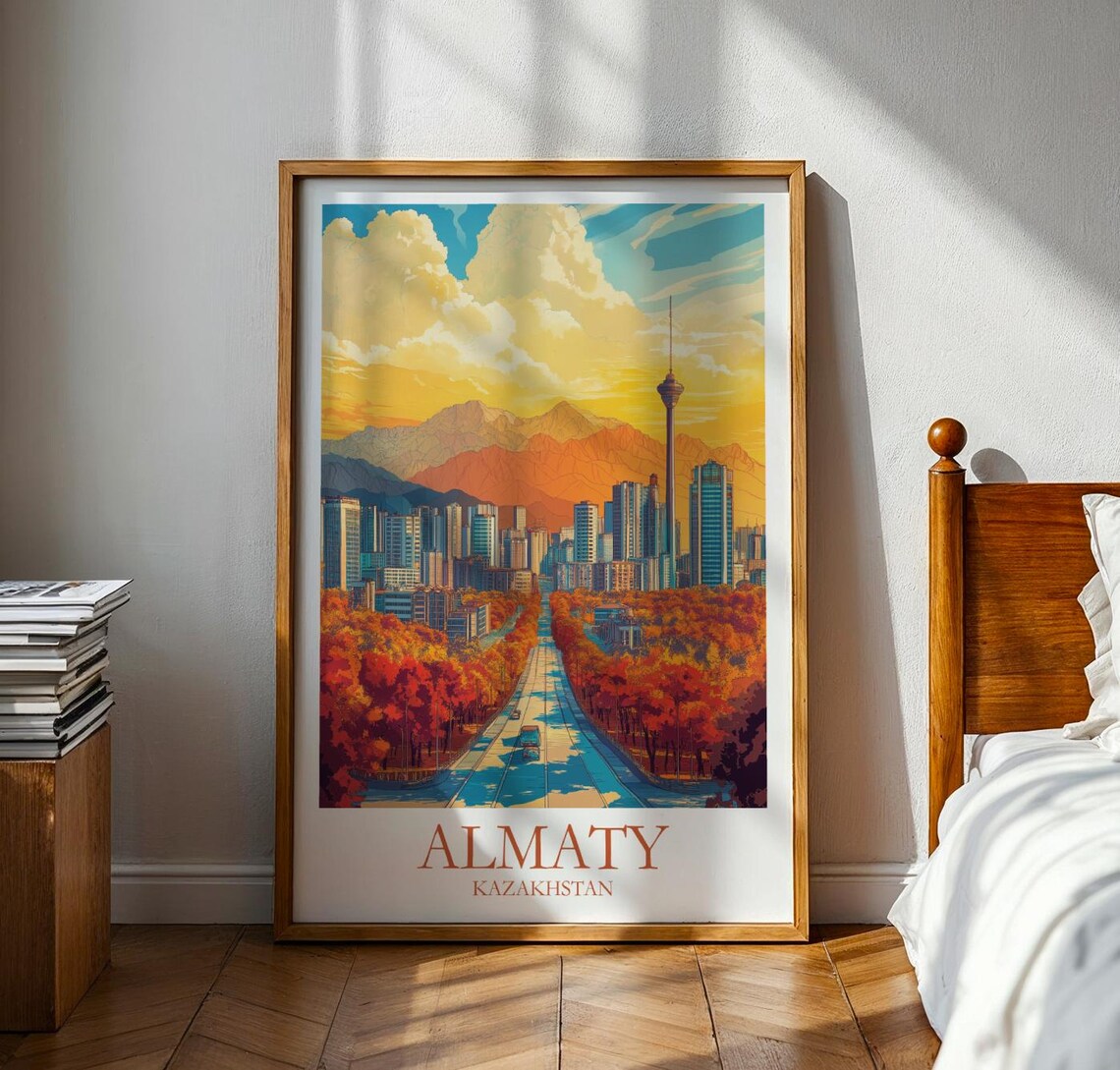 Almaty Kazakhstan City Skyline Tower Autumn Mountains Travel Poster
