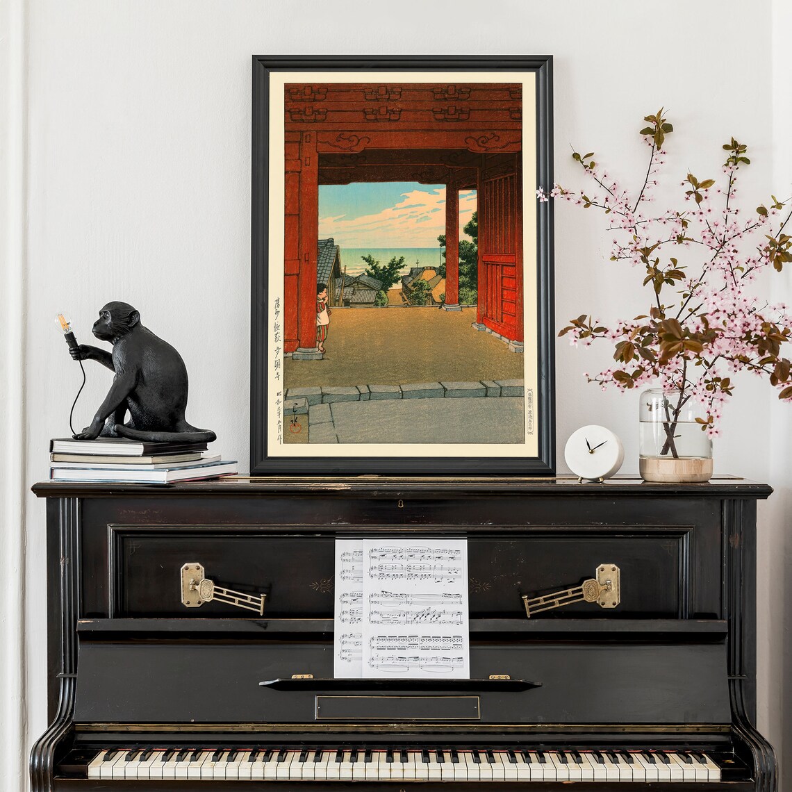 Japanese Red Temple Gate Sea View Woodblock Style Coastal Poster - Image 3
