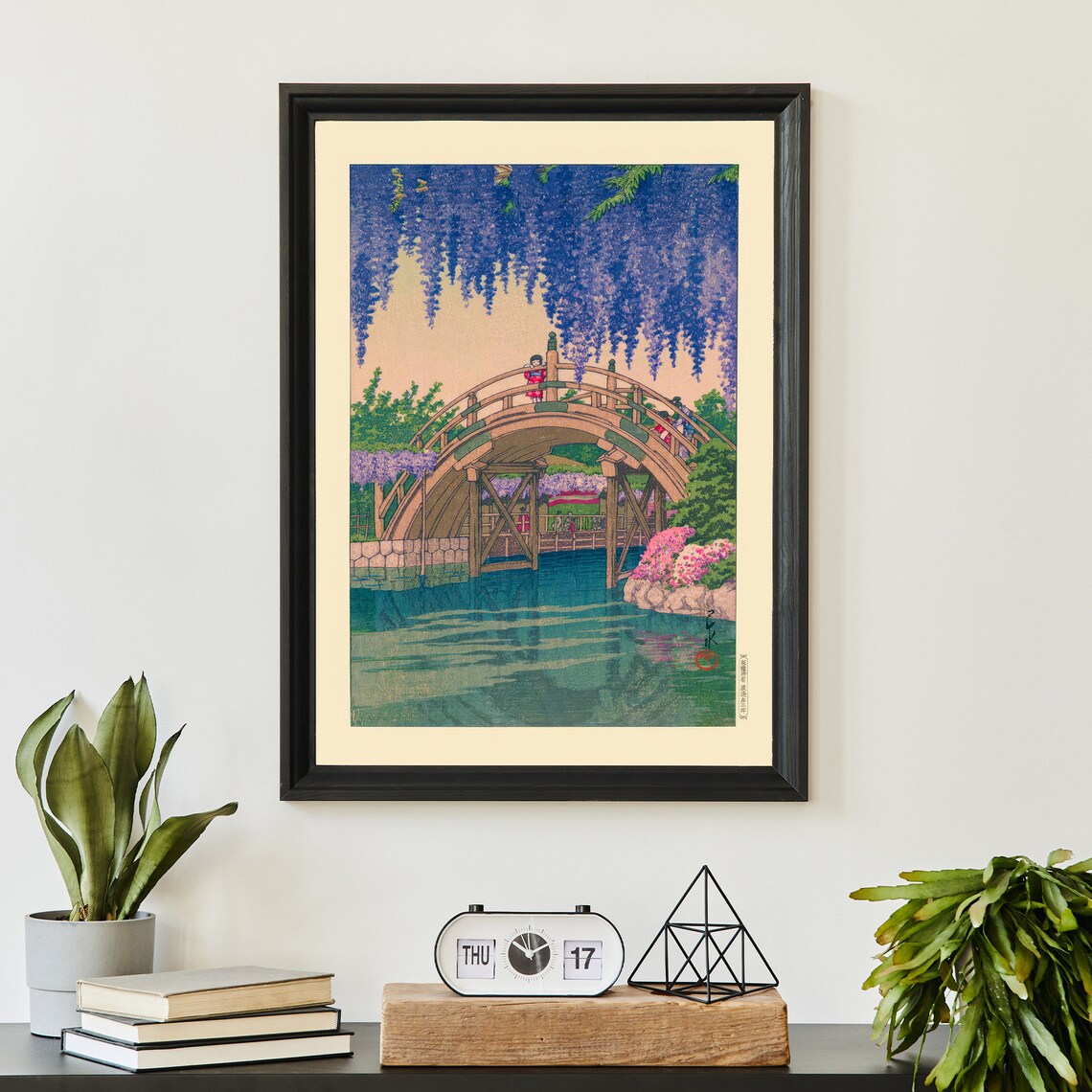 Japanese Wisteria Bridge Garden Woodblock Style Floral Art Poster - Image 3