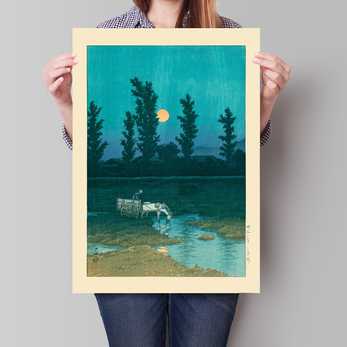 Japanese Moonlit River Cart Night Woodblock Style Vintage Poster - Image 4