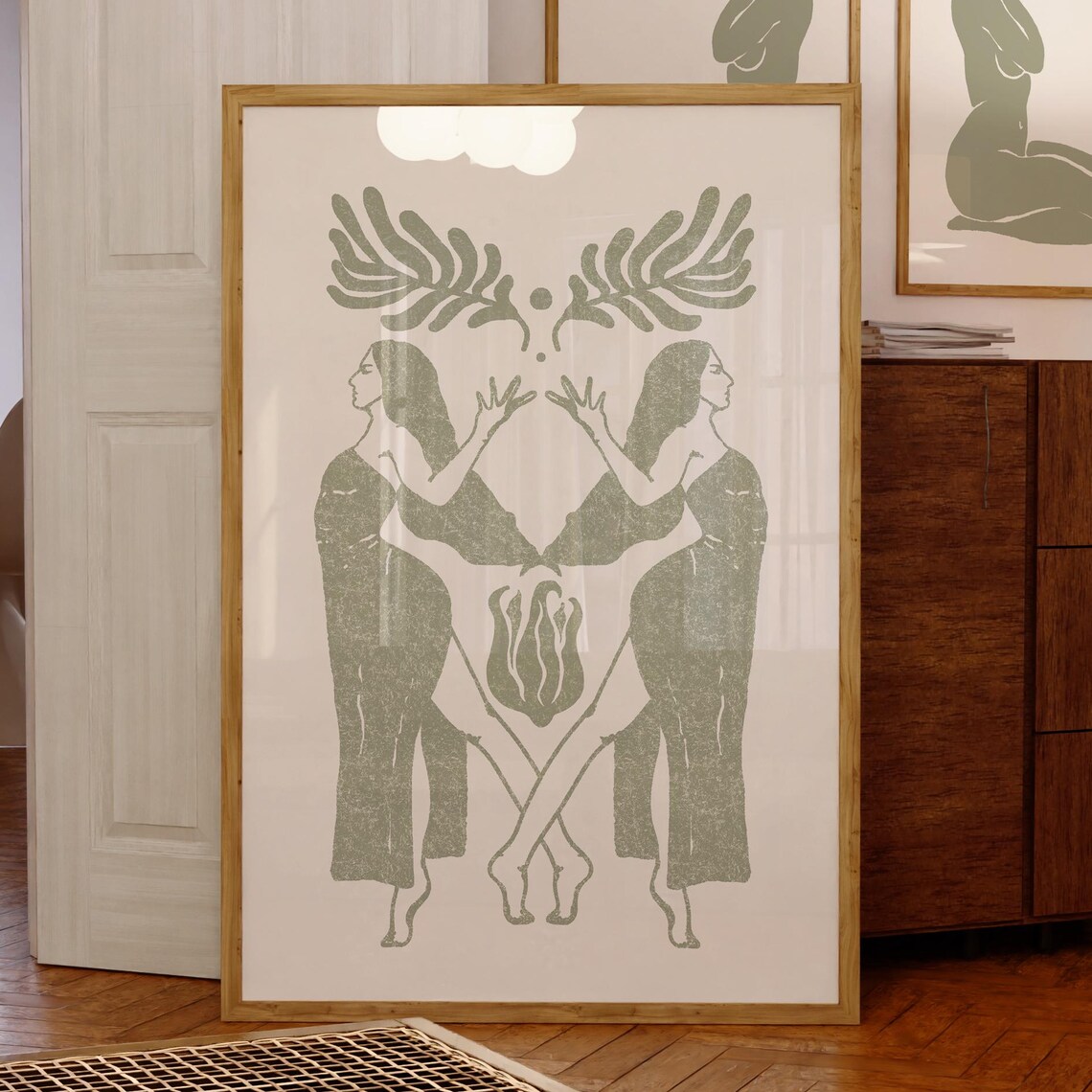 Sisterhood Twin Women Sage Green Botanical Vintage Art Deco Poster