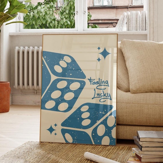 Dice Feeling Lucky Poster Blue Dices Modern Trendy Wall Art Retro Trendy Aesthetic Print Trendy Wall Art Bar Cart Art