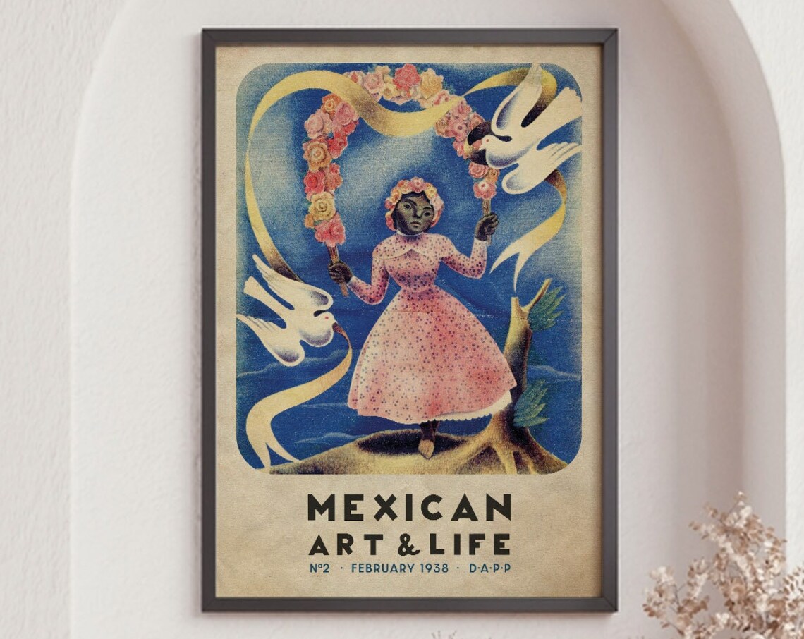 Mexican Exhibition Vintage Travel Poster, Floral Art