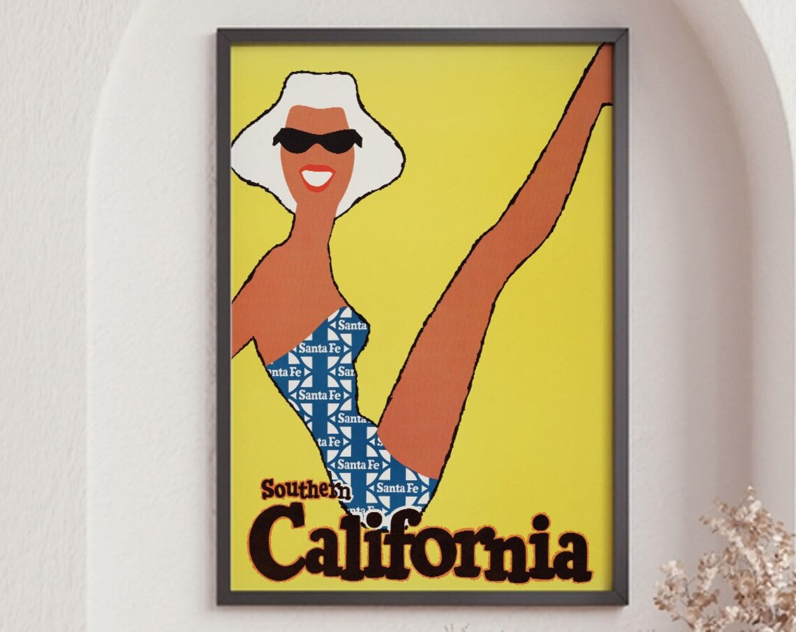 Southern California Vintage Swimsuit Kick Retro Santa Fe Travel Poster