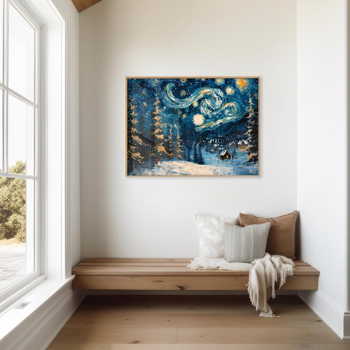 Swirling Starry Night Village Winter Snow Impasto Style Wall Art Print - Image 3