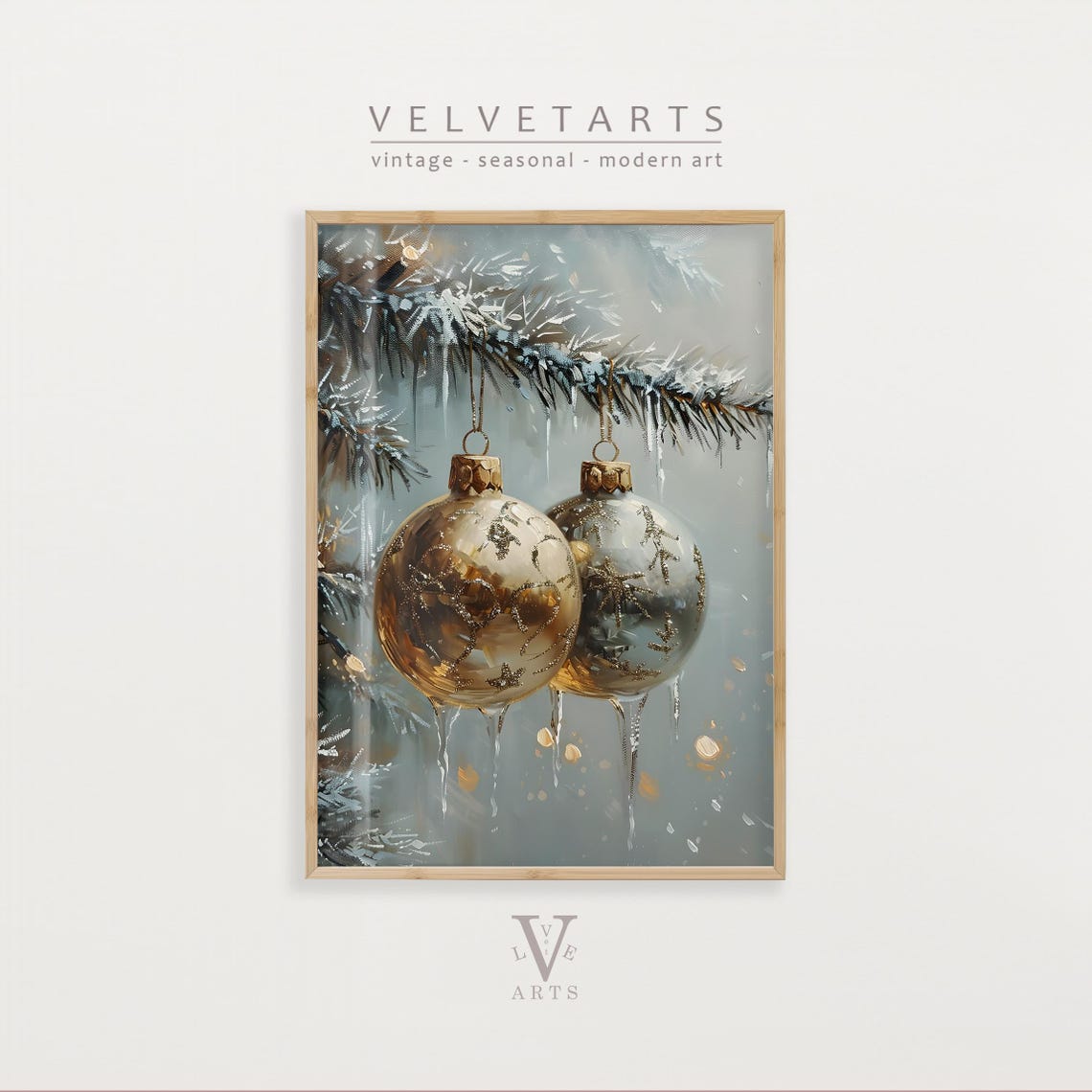 Golden Christmas Baubles Icicles Snowy Branches Elegant Wall Art Print
