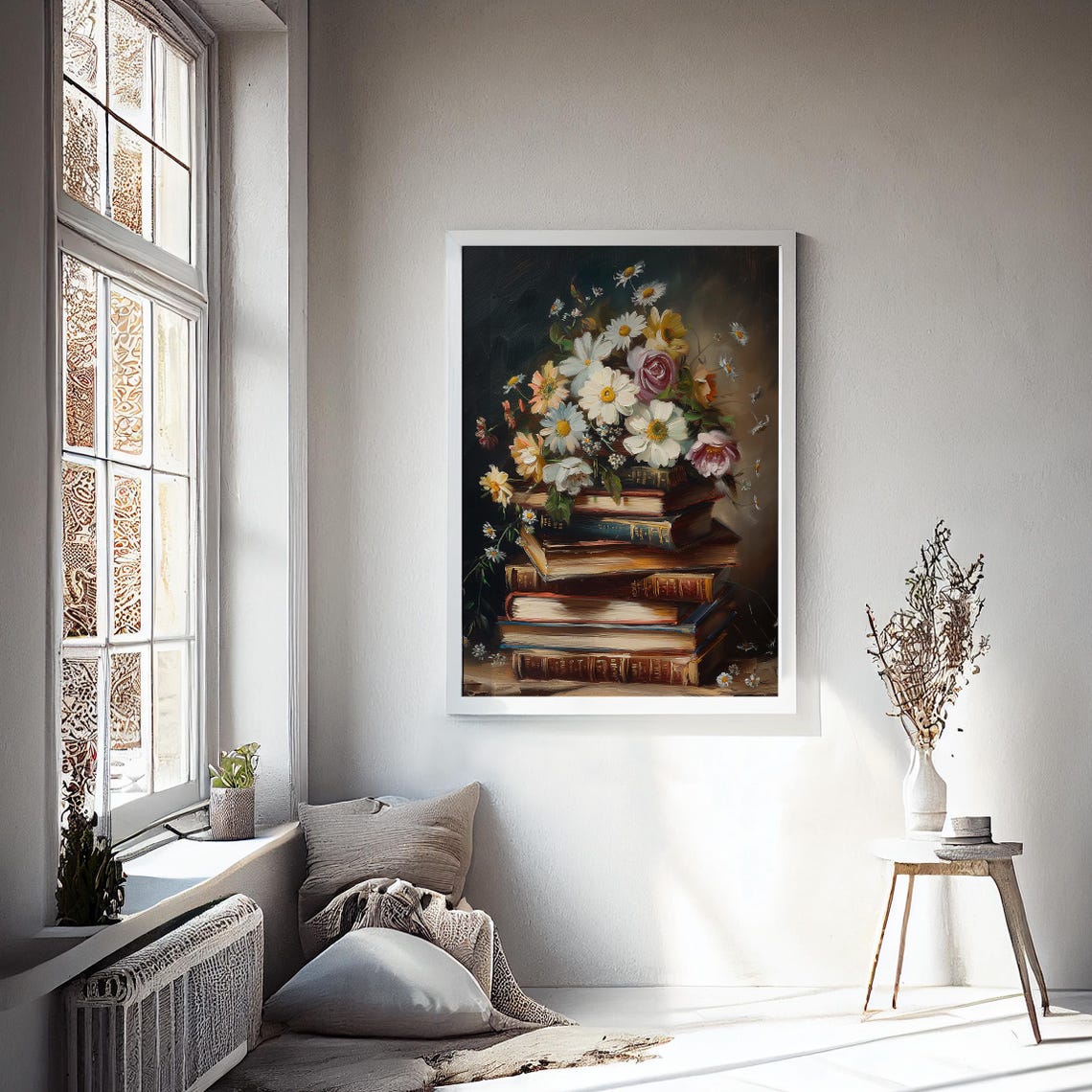 Daisies and Roses Bouquet on Stack of Vintage Books Art Poster - Image 2