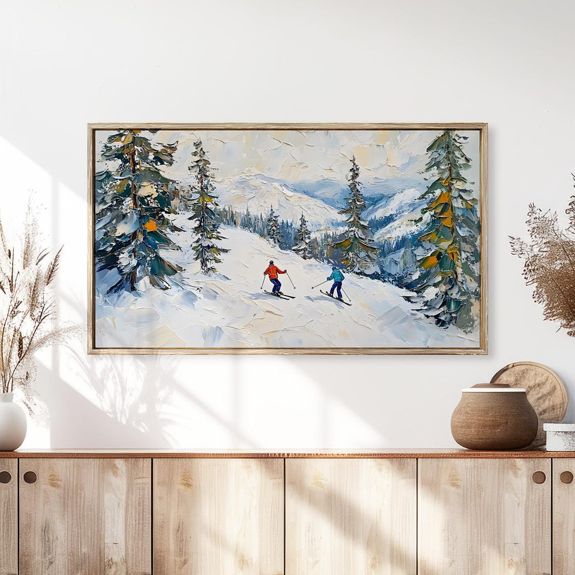 Frame Tv Art Skiers In Red Jackets Christmas Decor Winter Festive Painting Farmhouse Art Christmas Tv0226 - Image 3