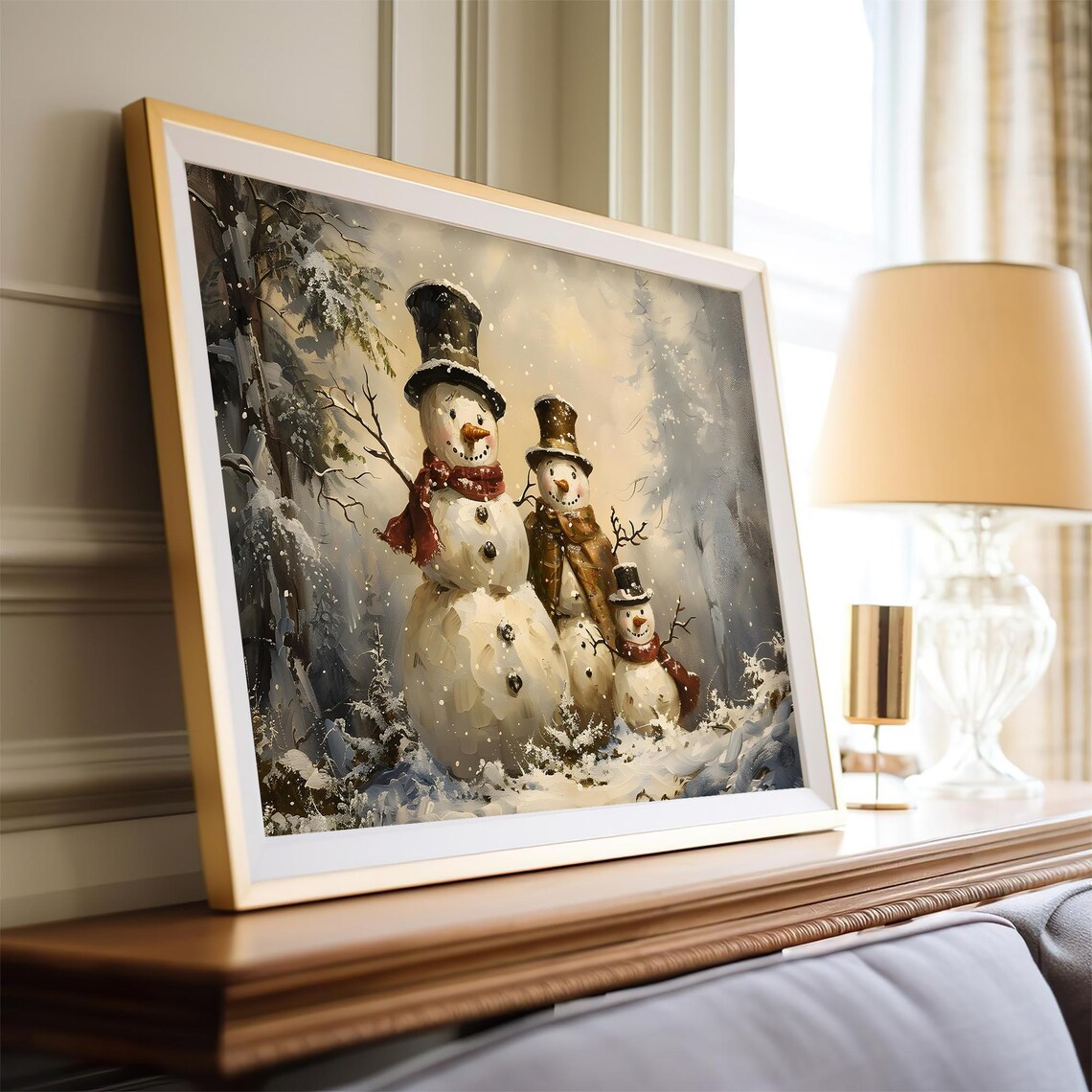 Snowman Family Trio in Top Hats in a Snowy Forest Christmas Poster - Image 4