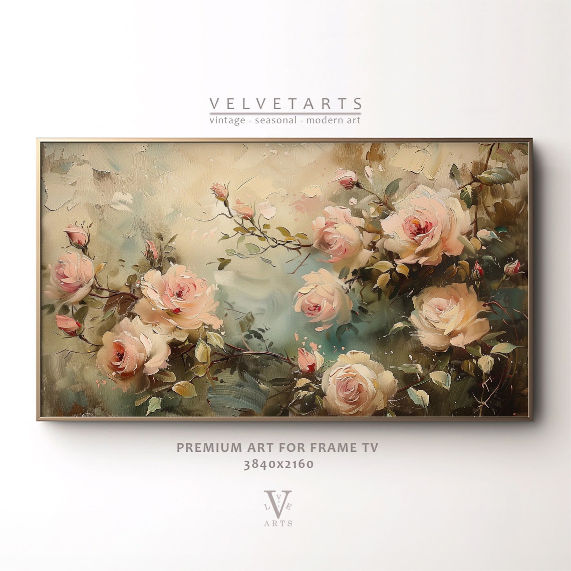 Blush Pink Garden Roses Impressionist Floral Painting Neutral Wall Art