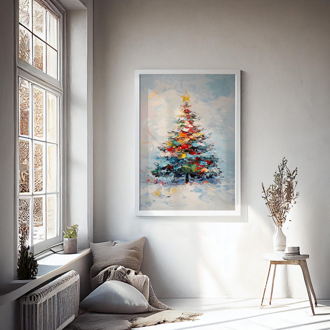 Colorful Impasto Christmas Tree Snowy Star Holiday Painting Poster - Image 2
