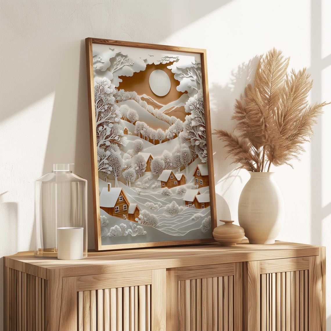Papercut Style Winter Village With Moonlight and Cabins Art Poster - Image 3