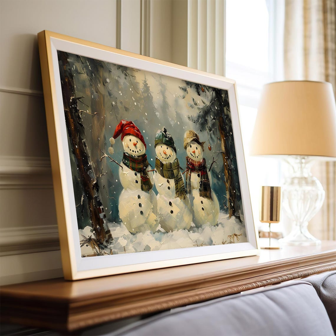 Frosty Snowman Trio With Festive Hats in Snowy Woods Wall Art