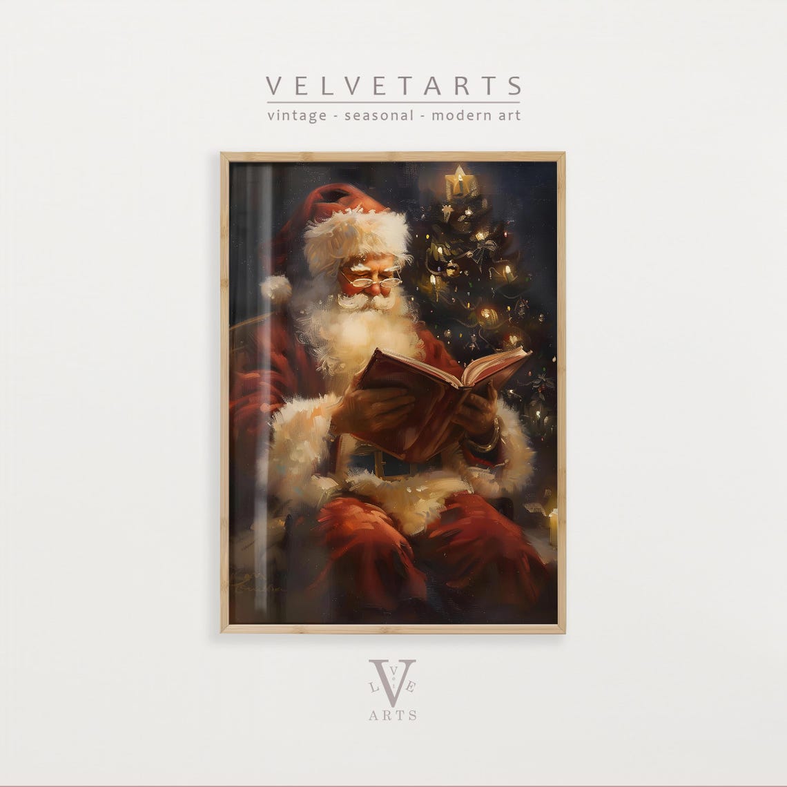 Santa Claus Reading Book By Christmas Tree Candlelight Wall Art Print