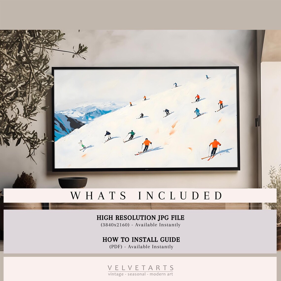 Frame Tv Art Skiers On A Snowy Mountain Christmas Decor Winter Festive Painting Farmhouse Art Christmas Tv0170