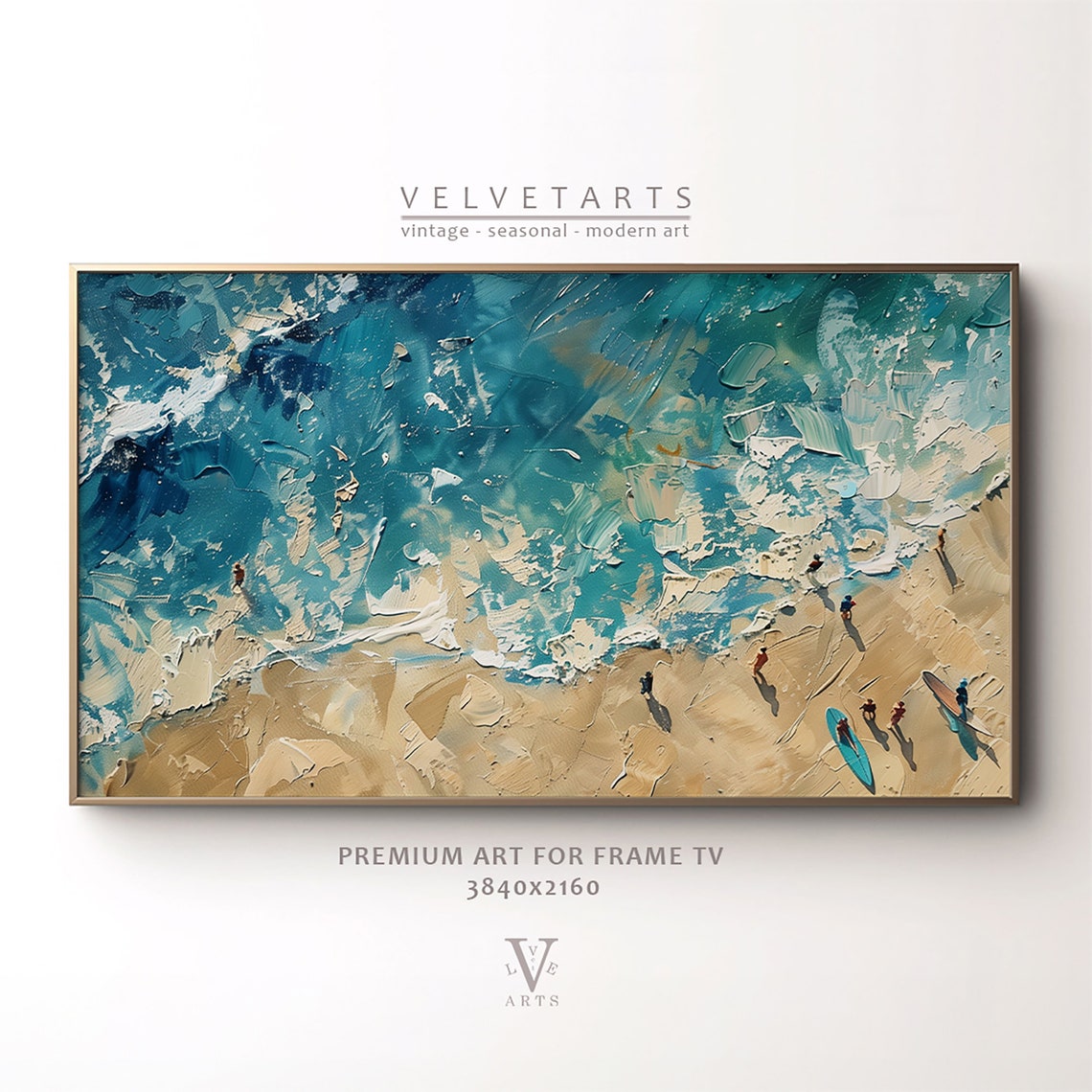 Aerial Beach Surfers Turquoise Waves Golden Sand Painting Poster