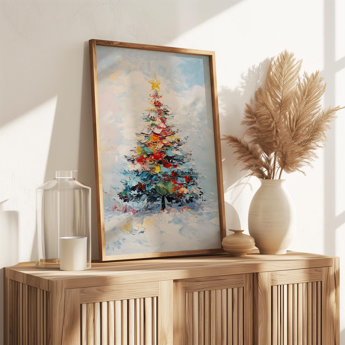 Colorful Impasto Christmas Tree Snowy Star Holiday Painting Poster - Image 3