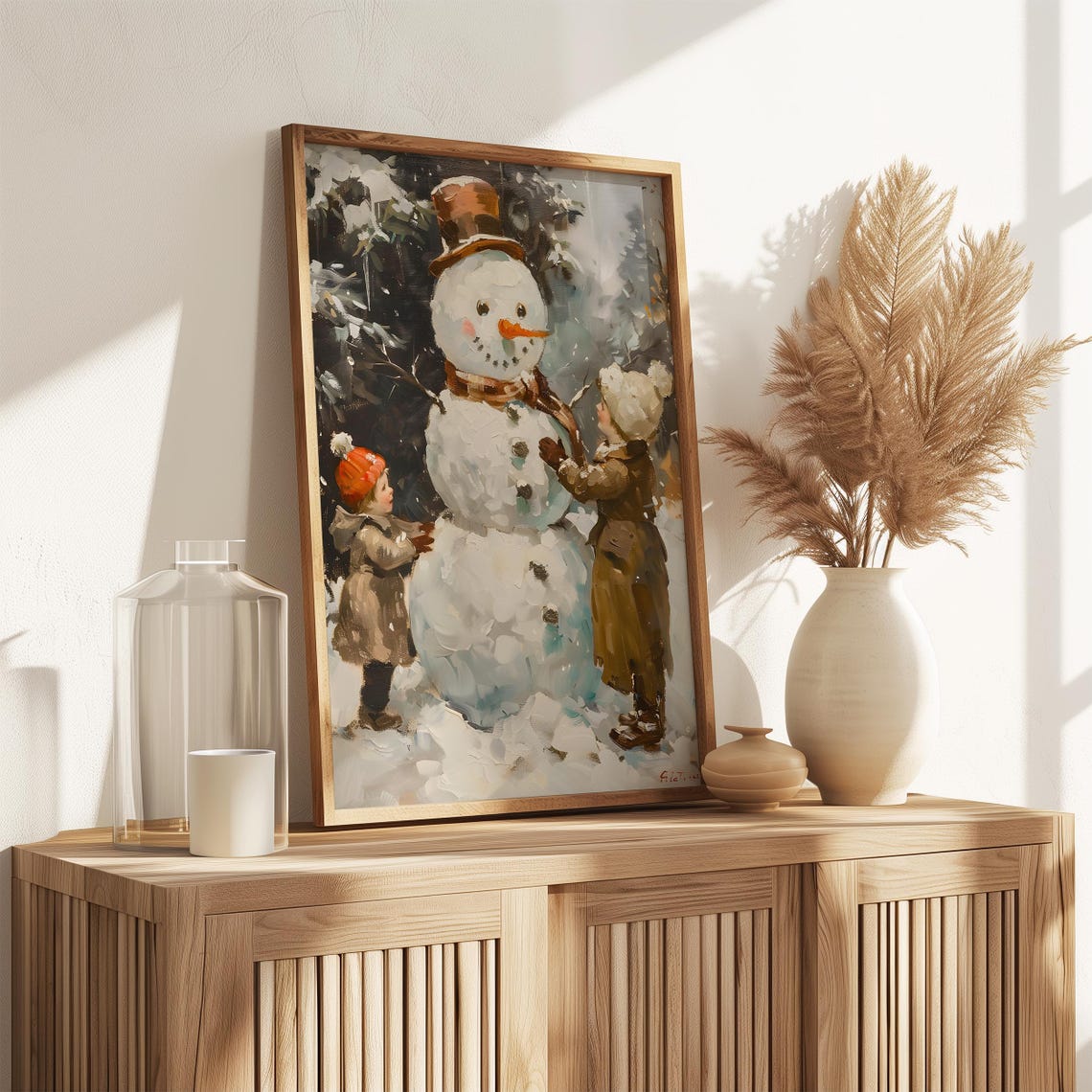 Two Children Building a Big Snowman With Top Hat Winter Poster - Image 3