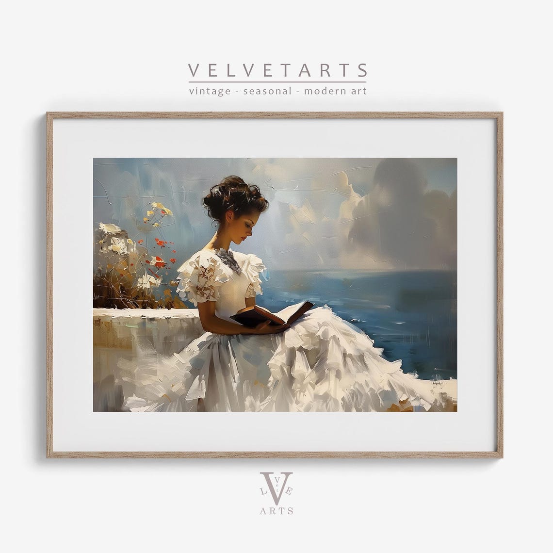 Woman In White Dress Reading Vintage Painting Neutral Antique Painting Farmhouse Art Vp0160 - Image 5