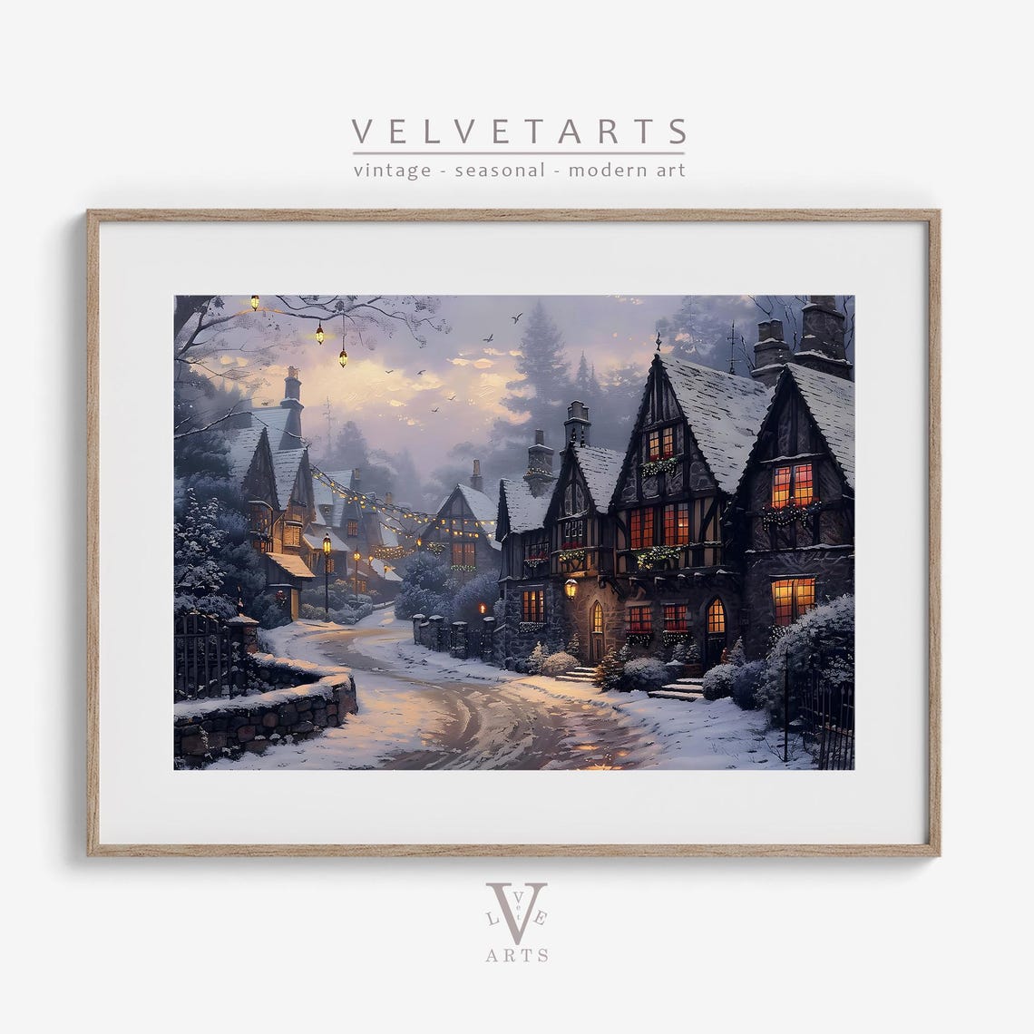 Twilight Snowy Village Tudor Cottages Glowing Windows Wall Art Print
