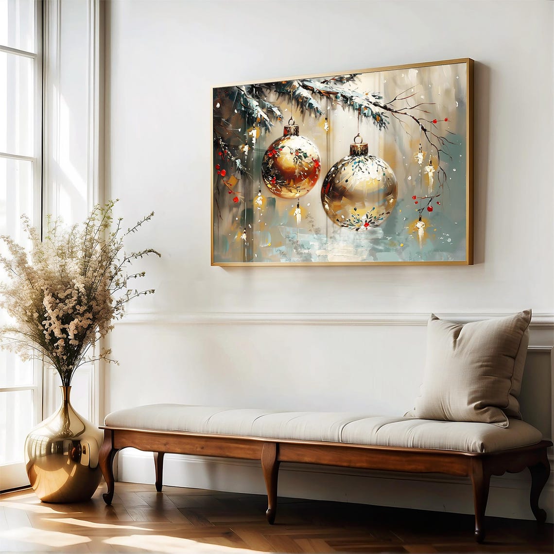 Golden Christmas Ornaments Hanging From Snowy Branch Art Poster - Image 5