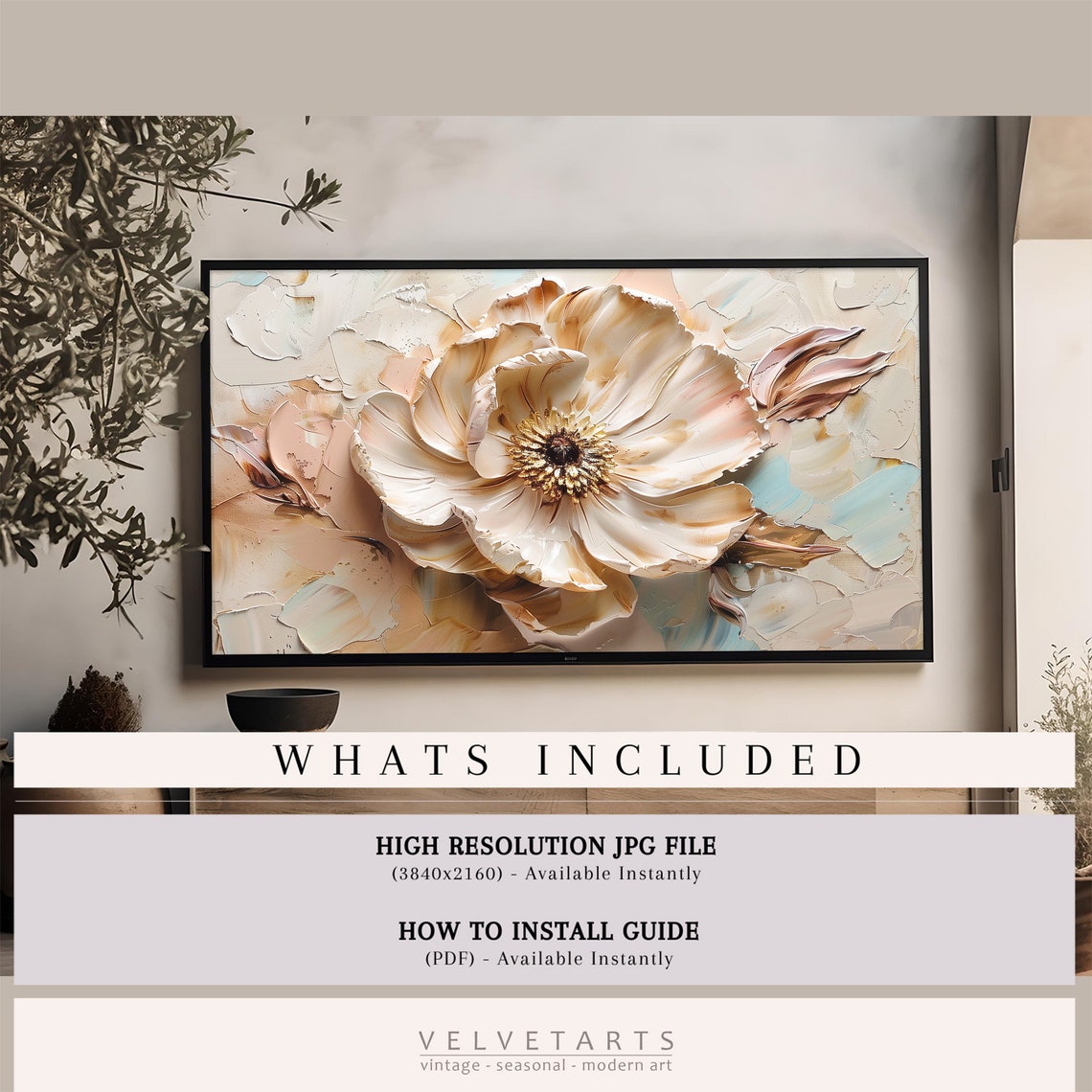 Ivory Peony Golden Center Impasto Floral Textured Painting Wall Art - Image 4