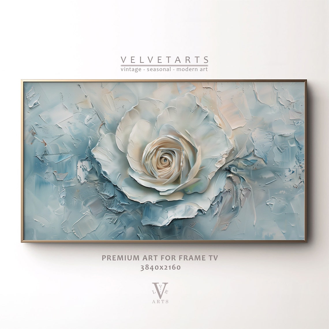 Blue White Rose Abstract Floral Textured Cool Painting Wall Art