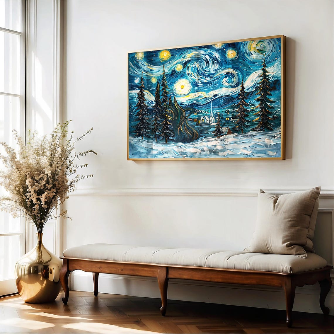 Starry Night Winter Village Church Swirling Sky Snow Wall Art Print - Image 5
