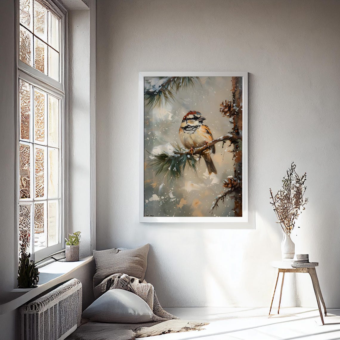 Winter Sparrow on Snowy Pine Branch Vintage Bird Painting Wall Art - Image 2