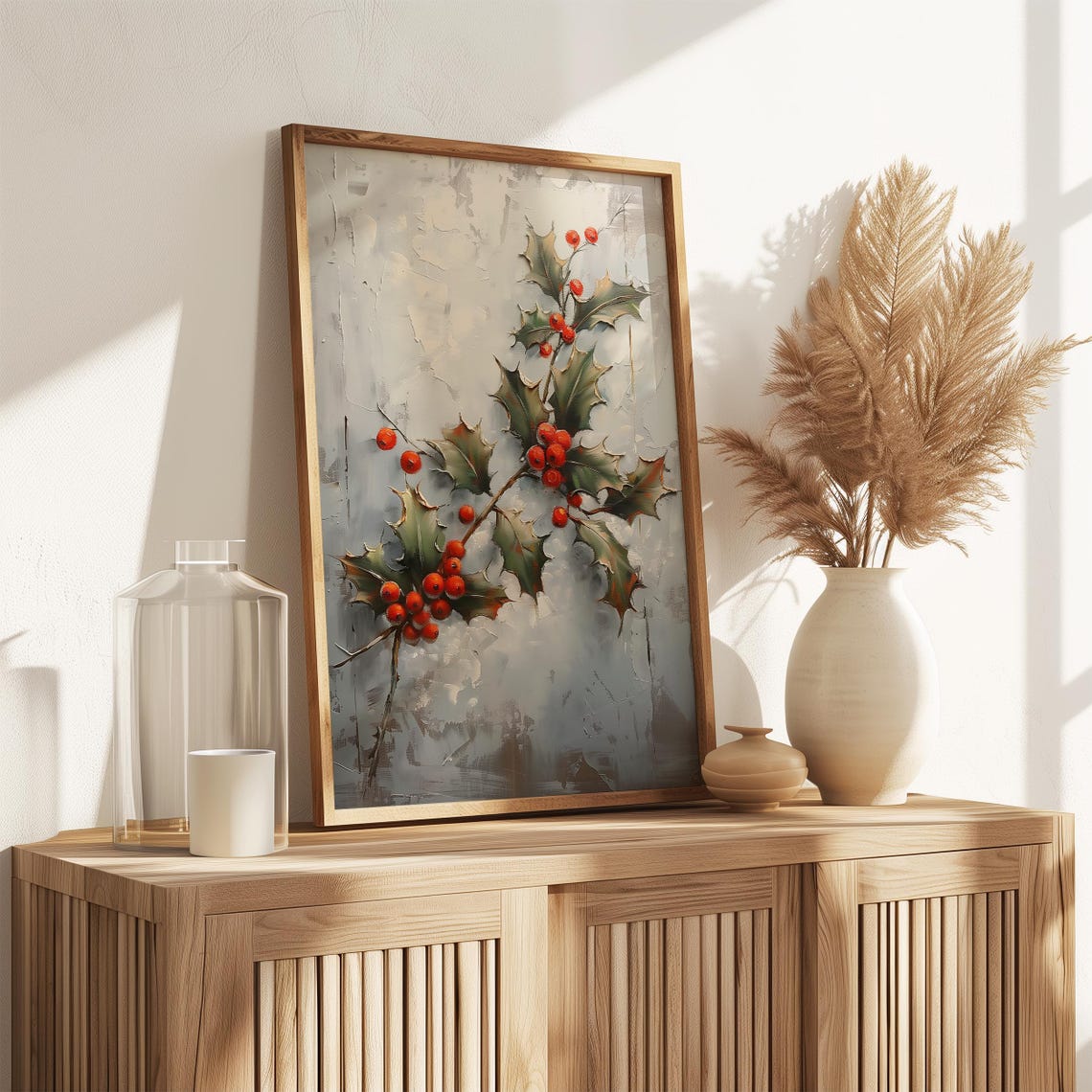Red Holly Berries Branch White Winter Elegant Botanical Wall Art Print - Image 3