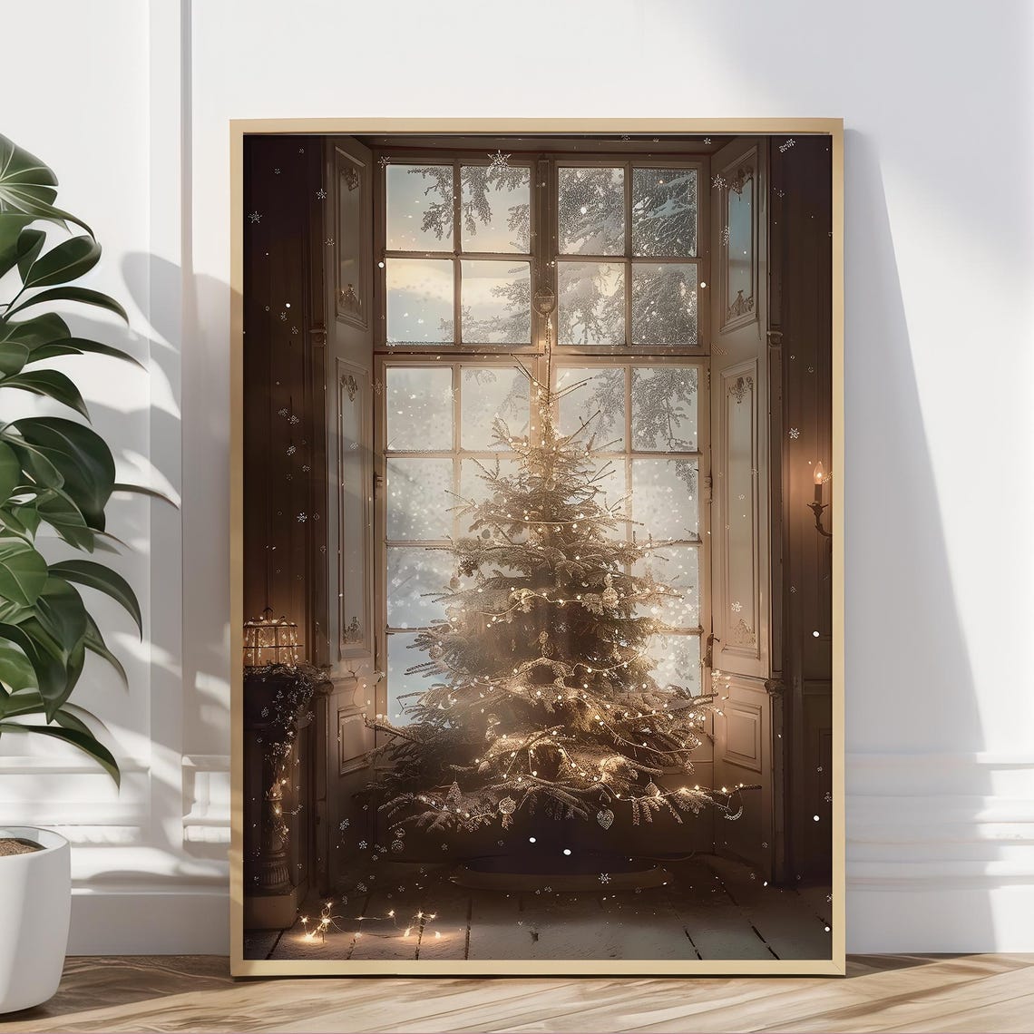 Christmas Tree In Window Glowing Lights Winter Night Painting Print - Image 5