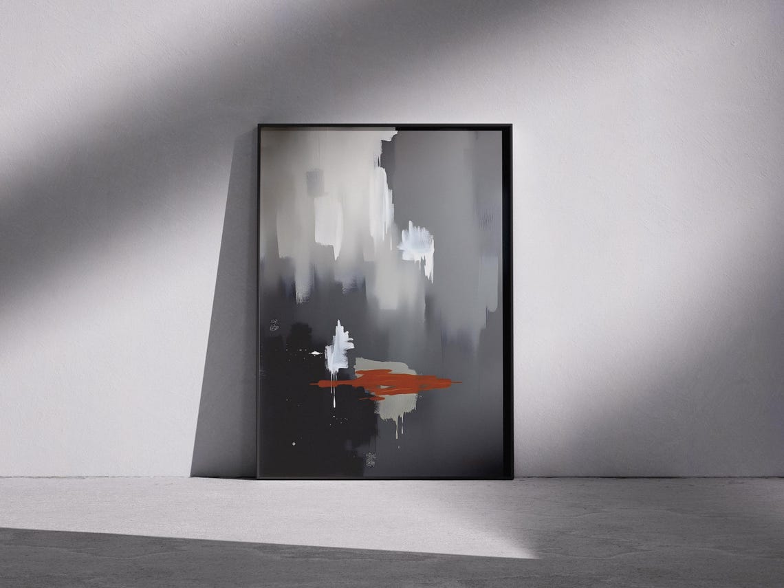 Dark Moody Abstract Painting With Warm Red Accent Modern Print